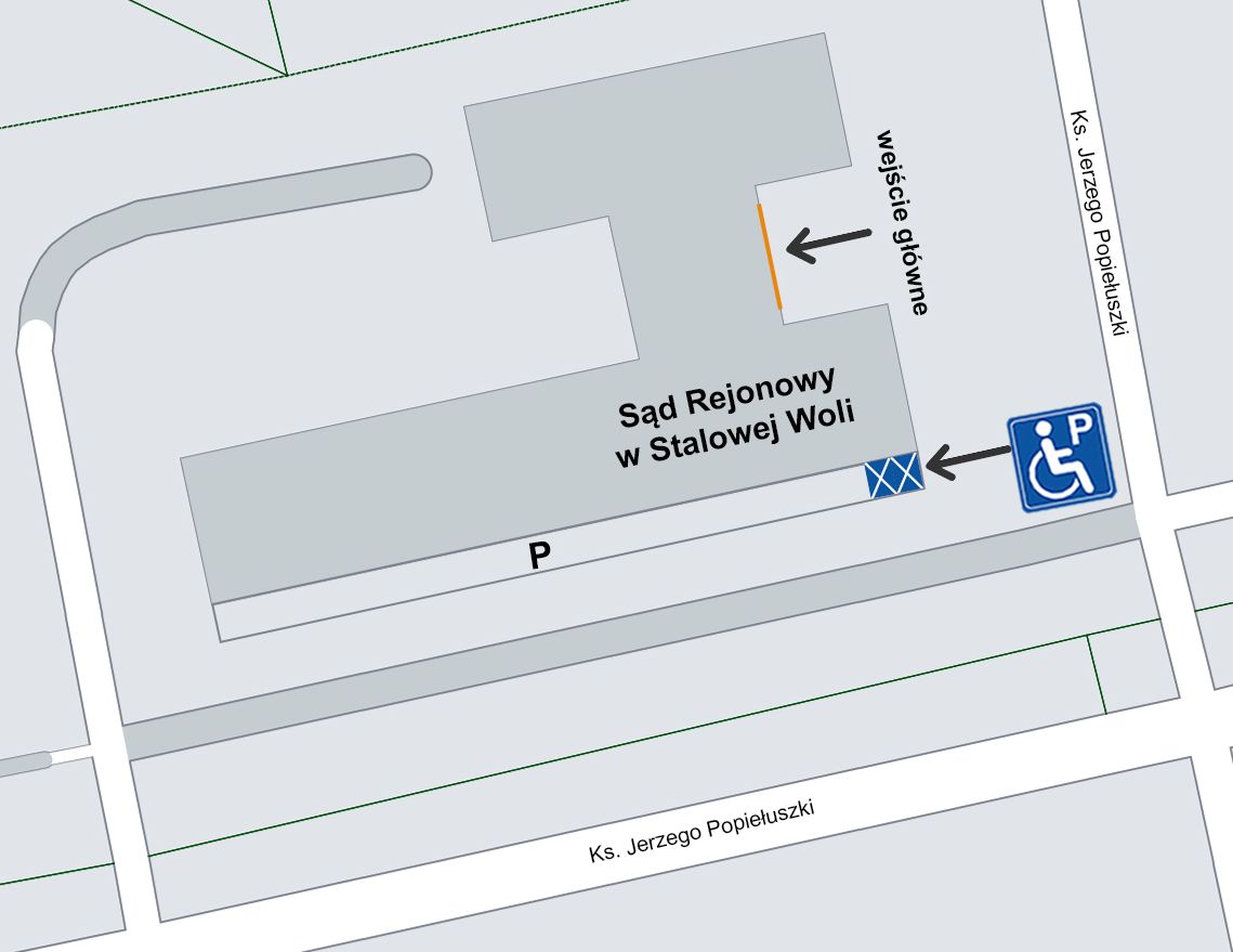 mapa z oznaczeniem miejsc parkingowych dla niepełnosprawnych i głównego wejścia